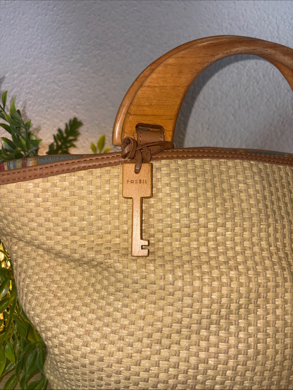 Fossil Beige Woven Tote with Wooden Handles - Picture 2 of 6